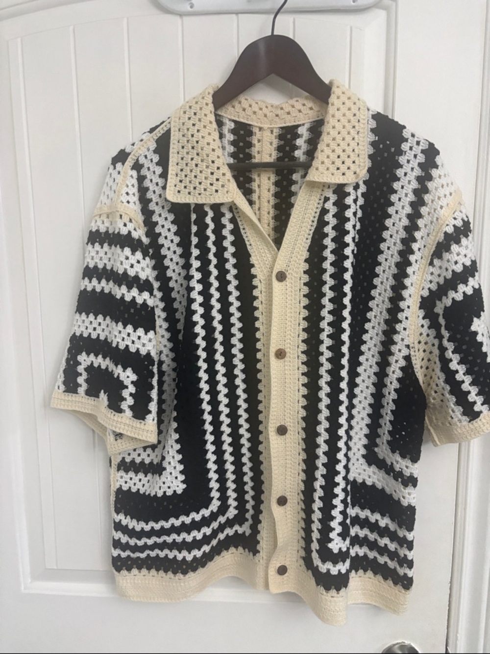 Short-Sleeve Crochet Cardigan Sweater - Black, White, Cream